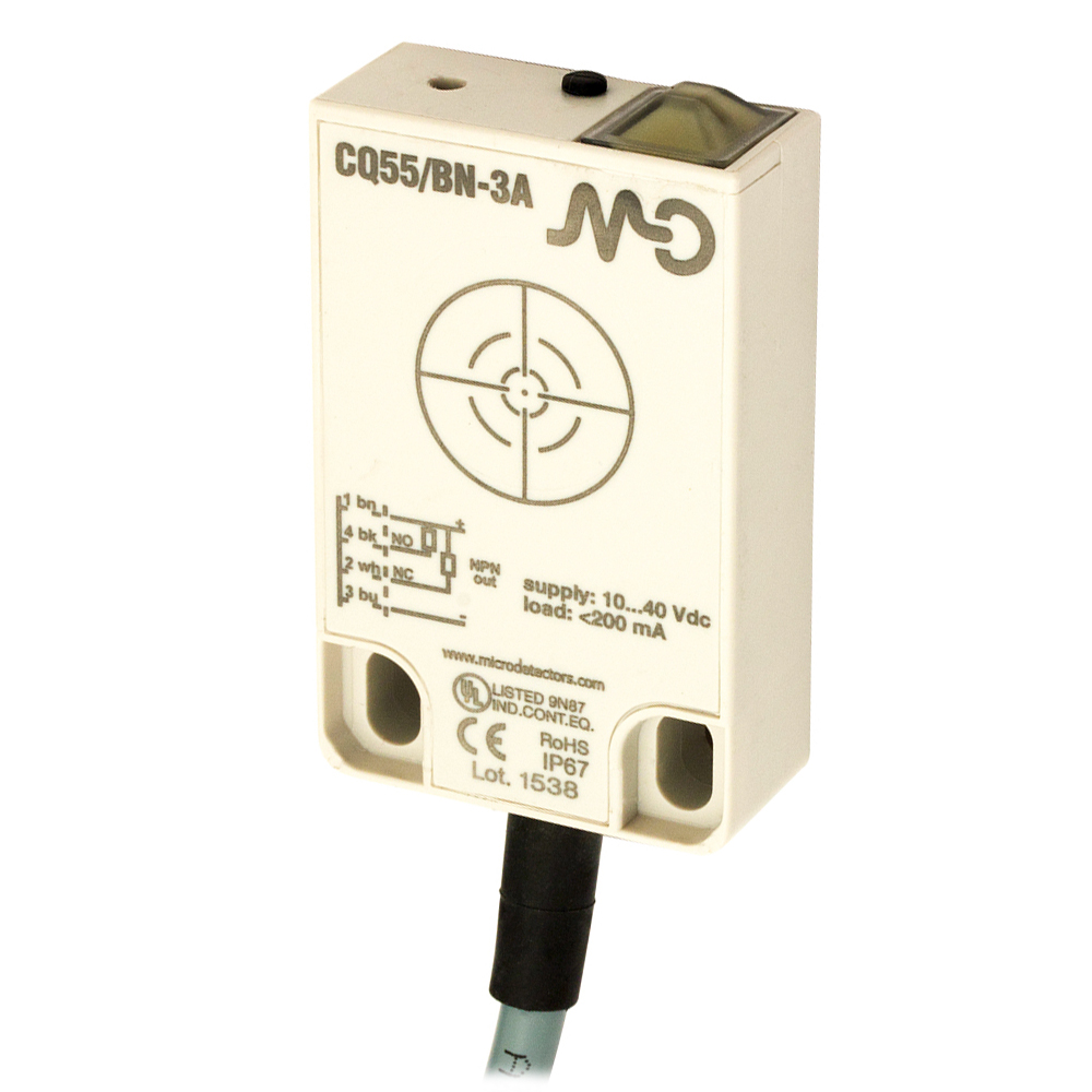 Sensor Capacitivo CQ55-BP-3A Datasensing — cúbico plástico DC 25 mm PNP NO+NC cabo 2m 90°