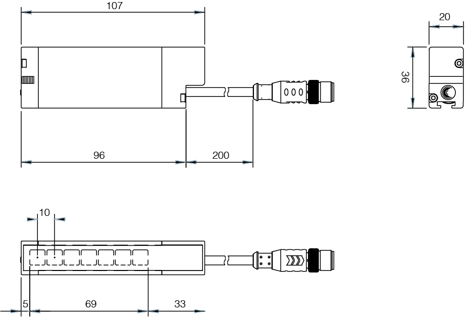 Sensor de Área CR0/0T-1V Datasensing — Retroreflecive polarizado Sensor de Área h = 69m, Sn 4,5m Push Pull NO/NC pig-tail M12 4pin