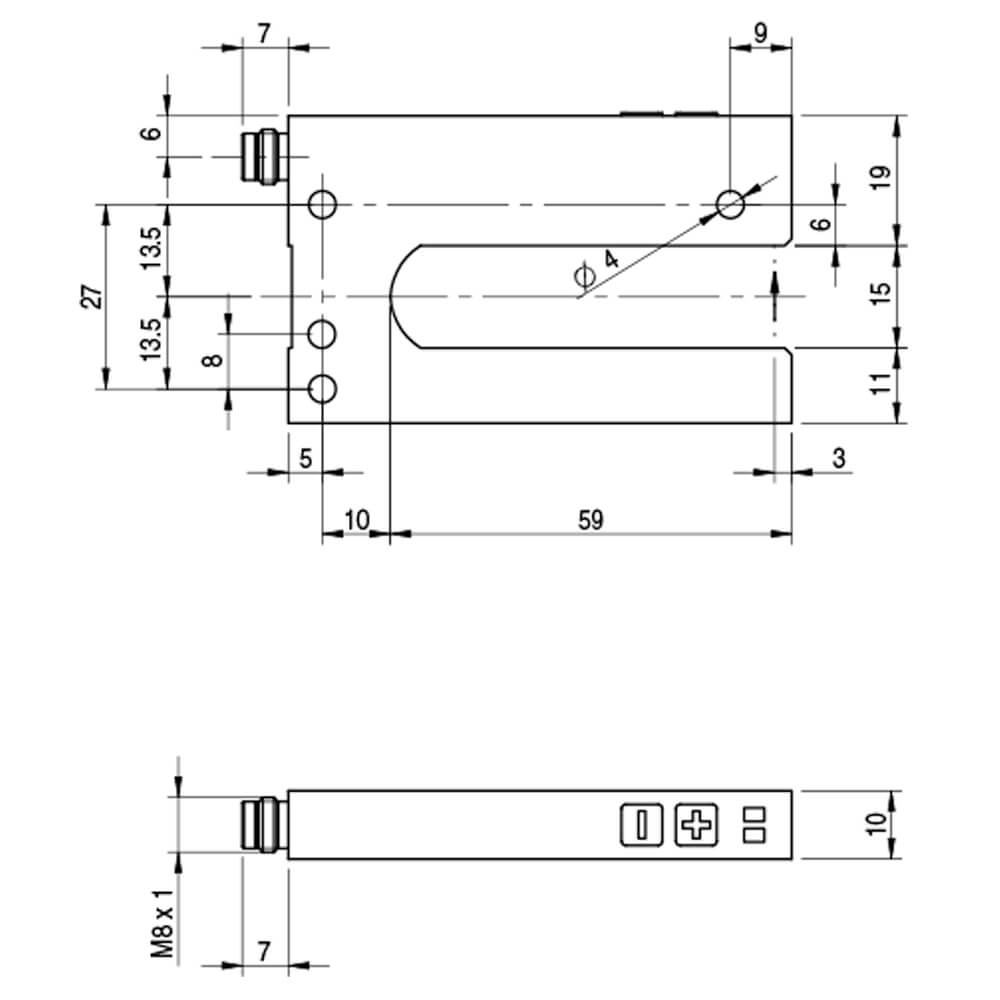 Sensor de Garfo FC6I/0B-0106-1F Datasensing — Slot 15 mm width 59 mm depth ADJ infravermelho PNP/NPN NO/NC M8 4P