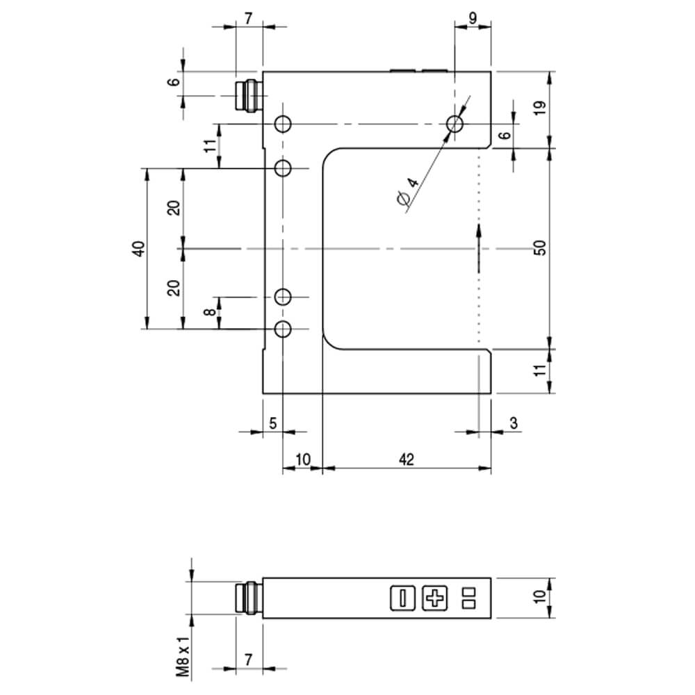 Sensor de Garfo FC6I/0B-0504-1F Datasensing — Slot 50 mm width 42 mm depth ADJ infravermelho PNP/NPN NO/NC M8 4P