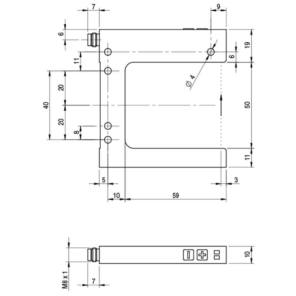 Sensor de Rótulos FC6I/0B-0506-1F Datasensing — Slot sensor 50 mm 59 mm depth width com sens. ajustável IR emission PNP/NPN NO/NC M8 4P