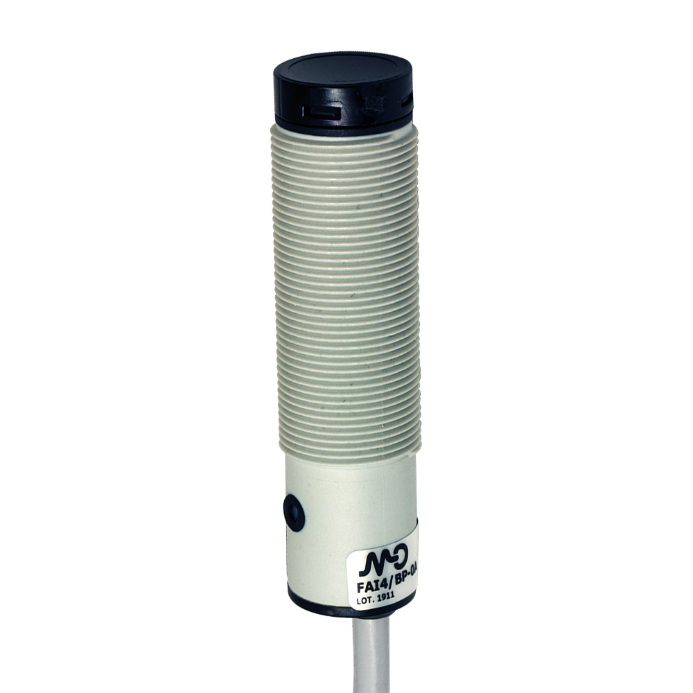 Sensor Fotoelétrico FAI7/BP-0AVE80 Datasensing — M18 Axial difuso 400 mm ajustável PNP NO+NC plástico cabo 200 mm com conector M12