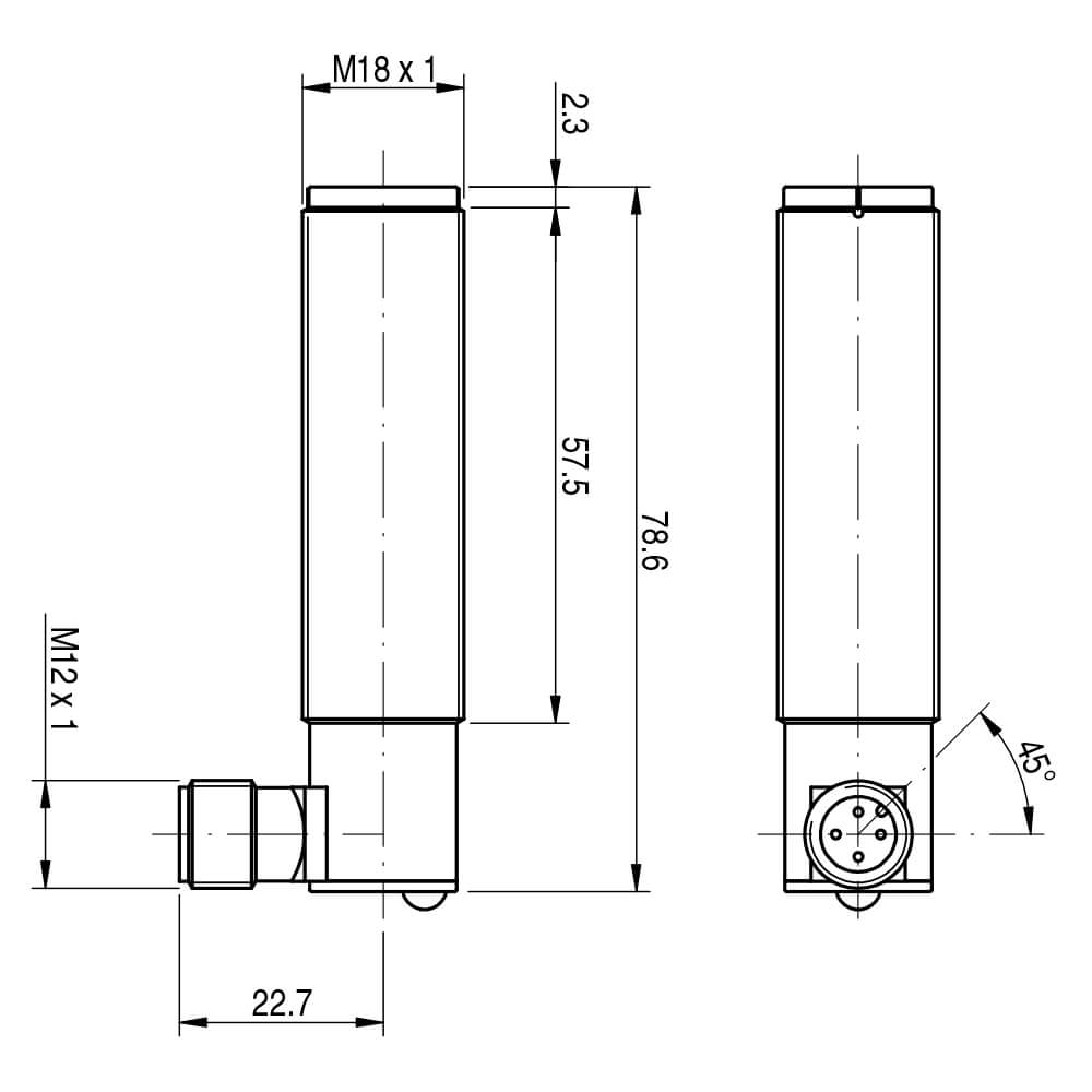 Sensor Fotoelétrico MS4/00-0K Datasensing — Sensor Fotoelétrico M18 difuso 200 mm NPN/PNP NO/NC plástico conector M12 a 90°