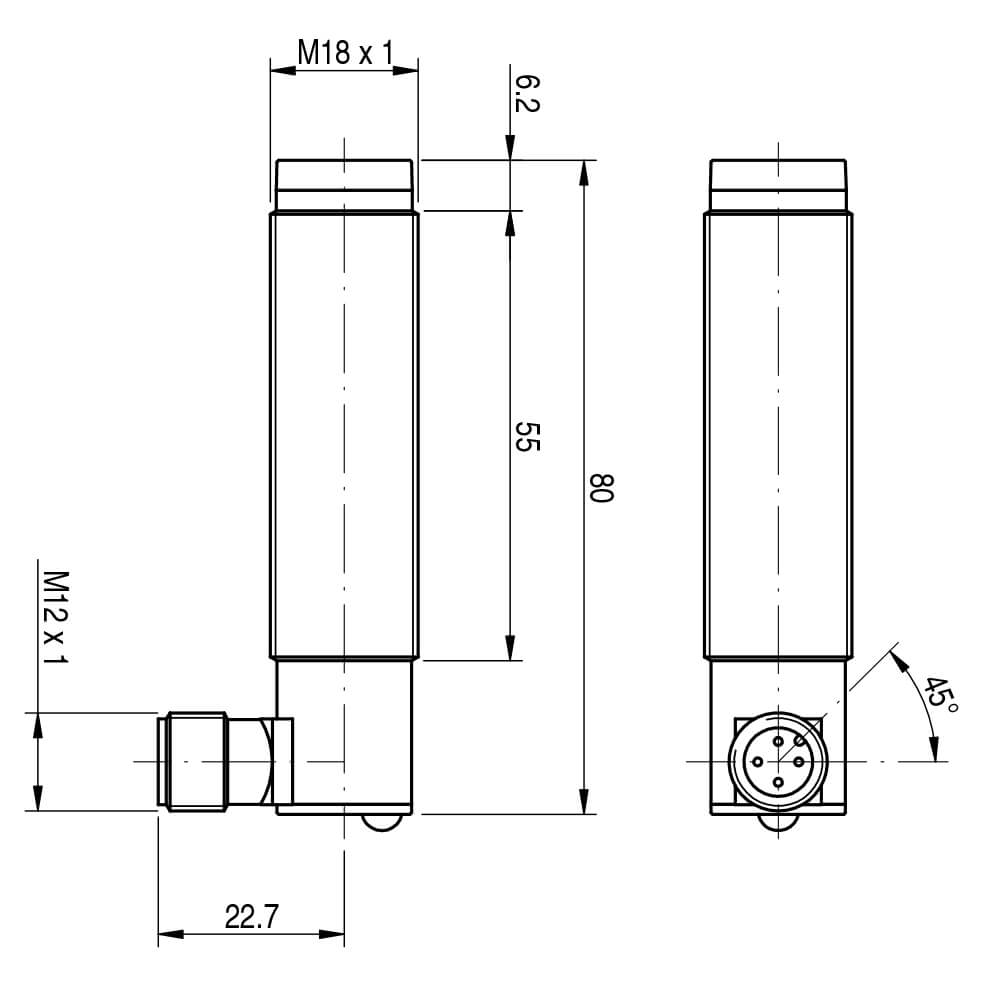 Sensor Fotoelétrico MSR/00-1K Datasensing — Sensor Fotoelétrico M18 receptor 16 m NPN/PNP NO/NC metálico conector M12 a 90°