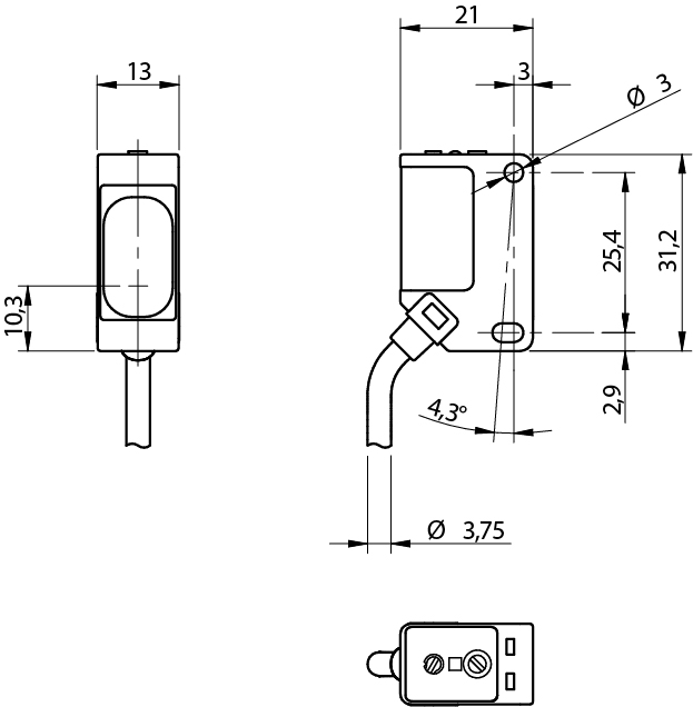 Sensor Fotoelétrico QMRB/0P-0A Datasensing — Miniature cubic photoelectric difuso ajustável 100 mm PNP L/D cabo 2m