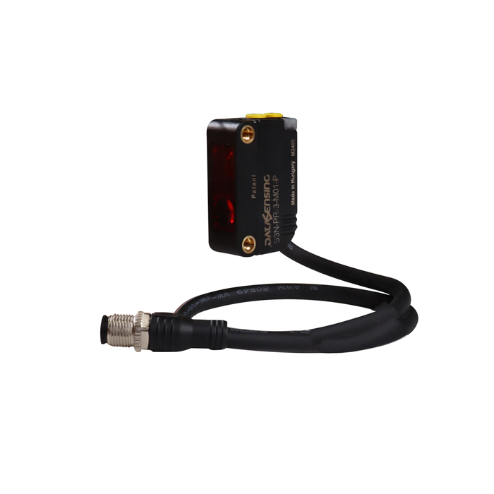 Sensor Fotoelétrico S3N-PR-3-B01-P Datasensing — Fotoelétrico miniatura emissão LED vermelho retrorreflexivoivo polarizado duplo trimmer Adj + L/D PNP Out Pigtail M12-4p conector