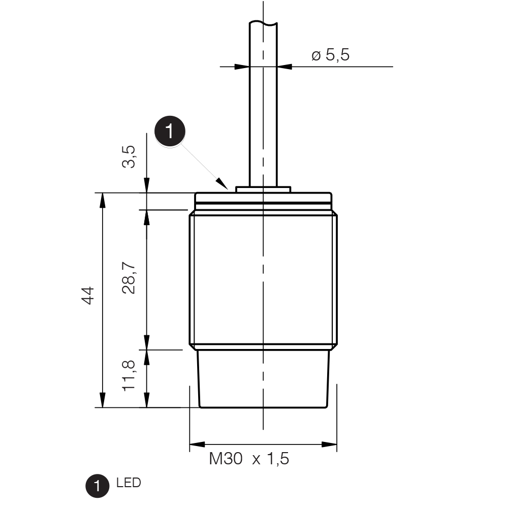 Sensor Indutivo AT6/AP-2A Datasensing — M30 não blindado short corpo NO/PNP cabo 2m axial