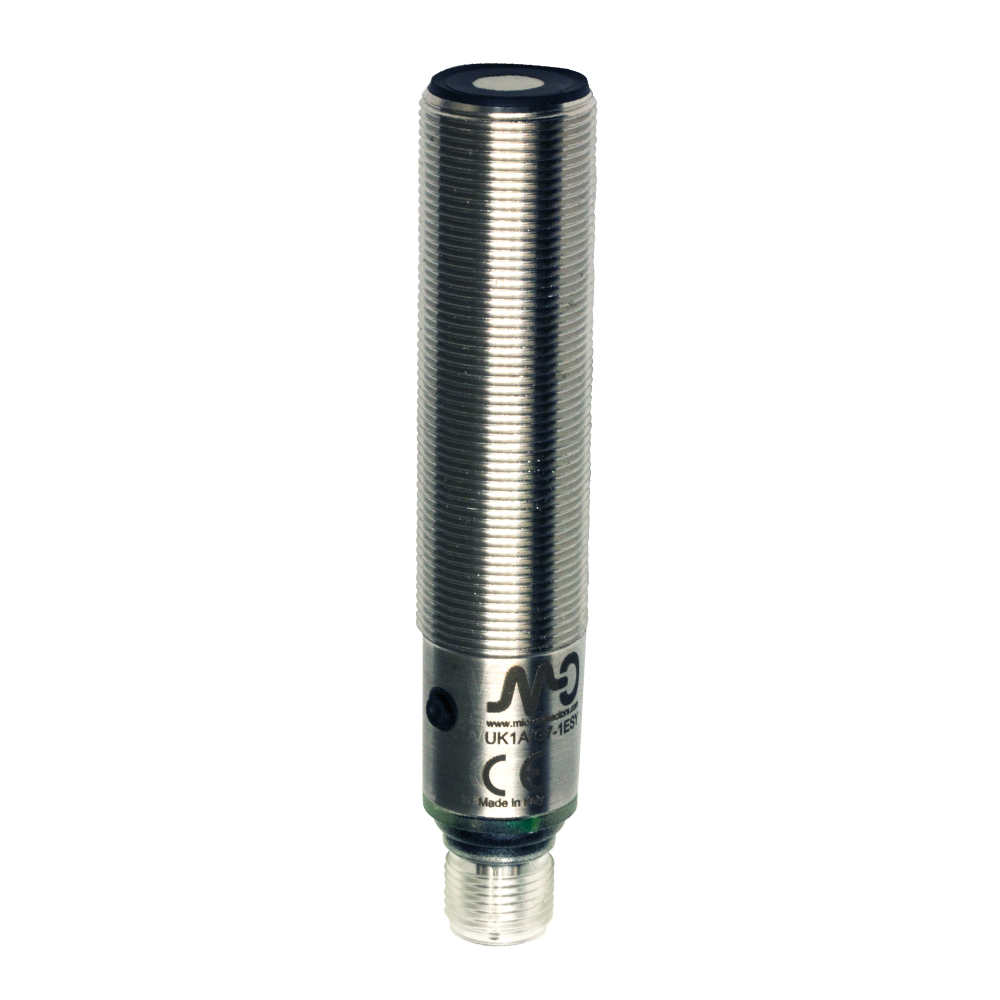 Sensor Ultrassônico UK1A/GM-1ESY Datasensing — Sensor Ultrassônico M18 NPN ajustável hysteresis/standard window/NO+NC 50-400 mm conector M12 com teach-in button, AISI316L aço inox corpo, cULus