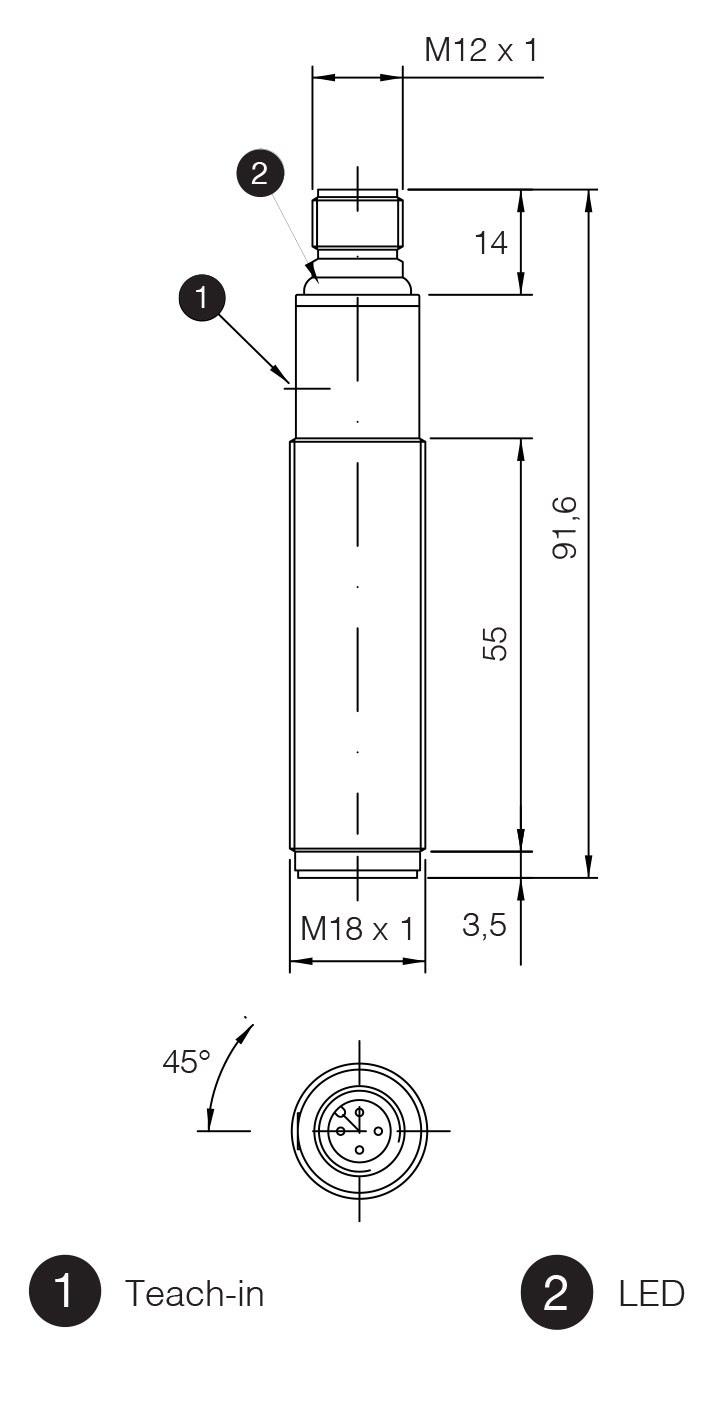 Sensor Ultrassônico UK1C/GM-0ESY Datasensing — Sensor Ultrassônico M18 NPN ajustável hysteresis/standard window/NO+NC. 100-900 mm conector M12 com teach-in button, plástico, cULus