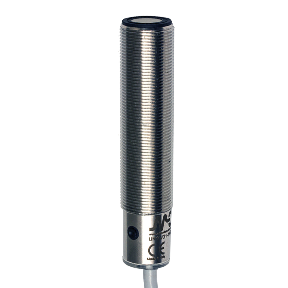 Sensor Ultrassônico UK1C/GN-1ASY Datasensing — Sensor Ultrassônico M18 NPN NO/NC 100-900 mm cabo 2m com teach-in button,AISI316L aço inox corpo, cULus