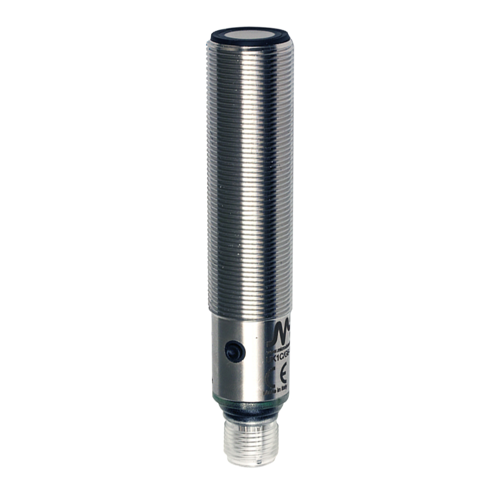 Sensor Ultrassônico UK1C/GW-1ESY Datasensing — Sensor Ultrassônico M18 PNP ajustável hysteresis/standard window/NO+NC 100-900 mm conector M12 com teach-in button, AISI316L aço inox corpo, cULus