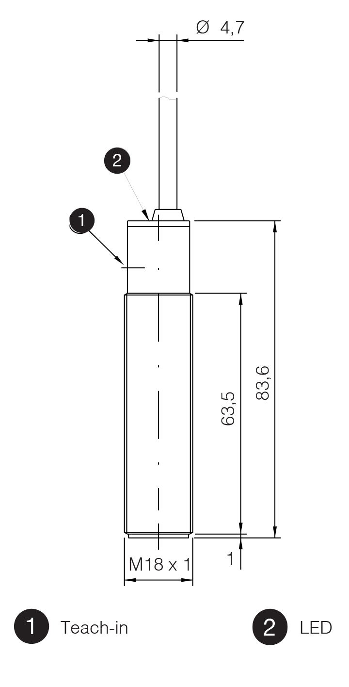 Sensor Ultrassônico UK1D/GP-1ASY Datasensing — Sensor Ultrassônico M18 PNP NO/NC 150-1600 mm cabo 2m com teach-in button,AISI316L aço inox corpo, cULus