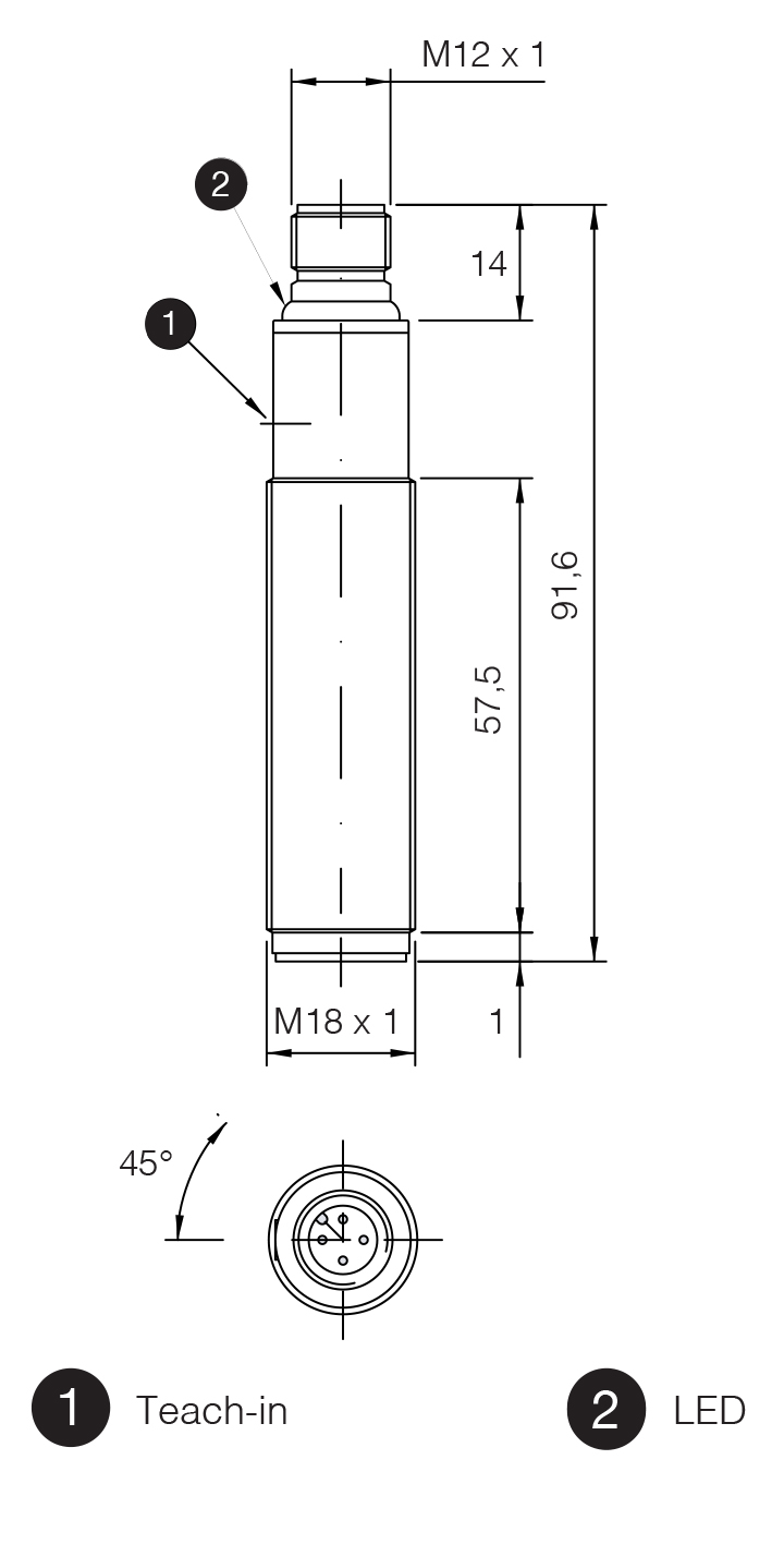 Sensor Ultrassônico UK1D/GP-1ESY Datasensing — Sensor Ultrassônico M18 PNP NO/NC 150-1600 mm conector M12 com teach-in button,AISI316L aço inox corpo, cULus