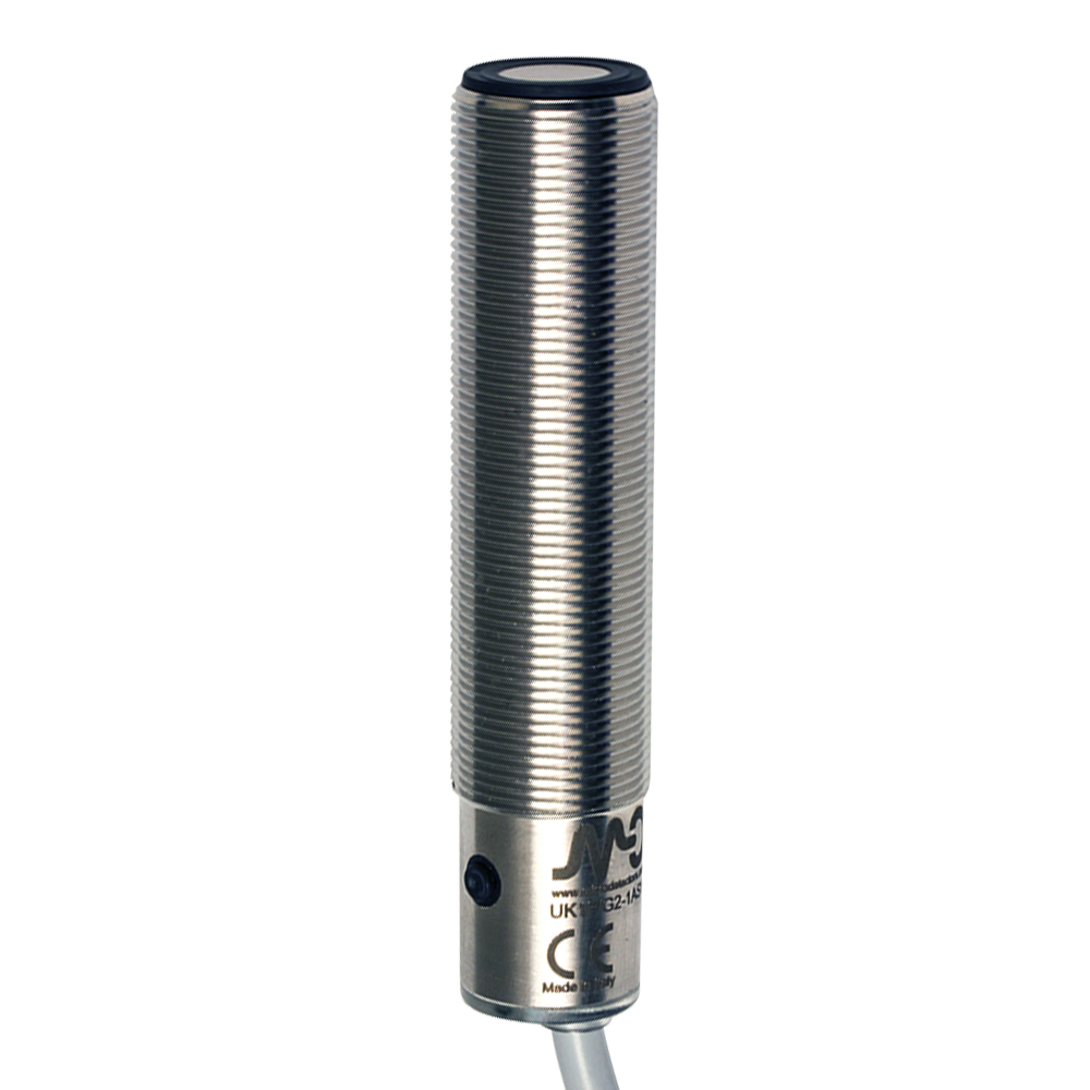 Sensor Ultrassônico UK1F/G2-1ASY Datasensing — Sensor Ultrassônico M18 analógica. 4-20 mA 200-2200 mm cabo 2m com teach-in button,AISI316L aço inox corpo, cULus