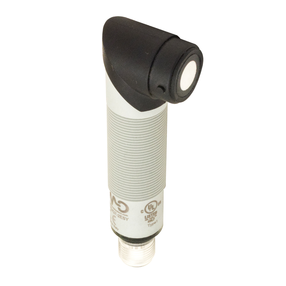 Sensor Ultrassônico UK1F/GW-2ESY Datasensing — Sensor Ultrassônico M18 PNP ajustável hysteresis/standard window/NO+NC 200-2200 mm conector M12 com teach-in button, plástico, 90°, cULus