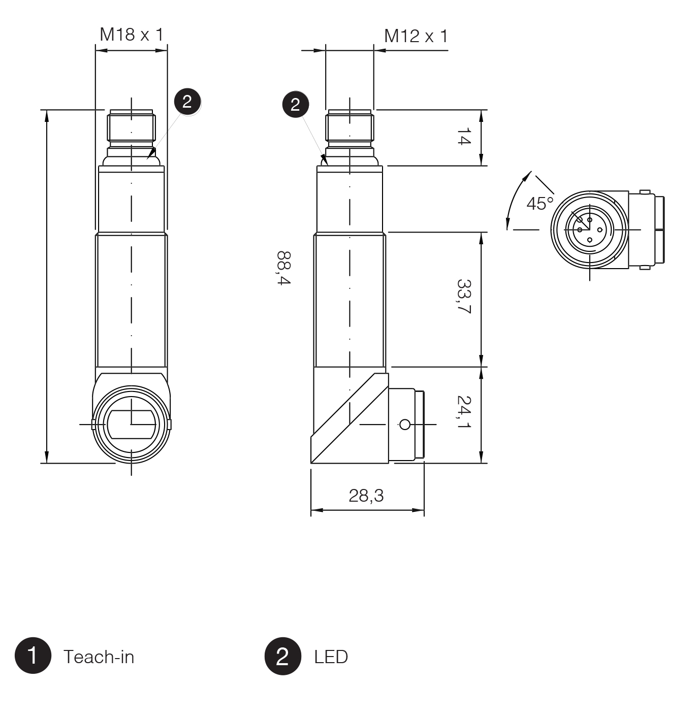 Sensor Ultrassônico UK1F/GW-2ESY Datasensing — Sensor Ultrassônico M18 PNP ajustável hysteresis/standard window/NO+NC 200-2200 mm conector M12 com teach-in button, plástico, 90°, cULus