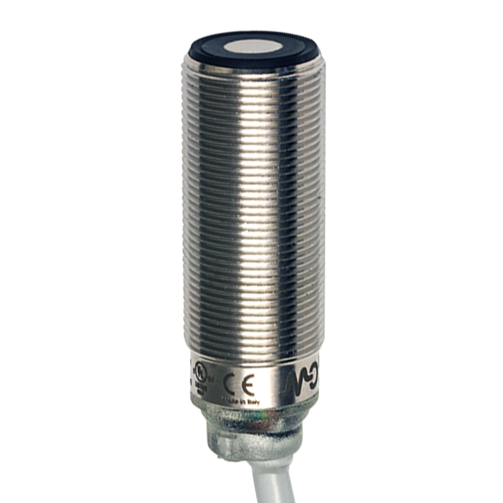 Sensor Ultrassônico UK6A/H2-1AUL Datasensing — M18 analógica. 4-20 mA 40-300 mm cabo 2m, com remoto teach-in by cabo, AISI316L aço inox corpo, cULus